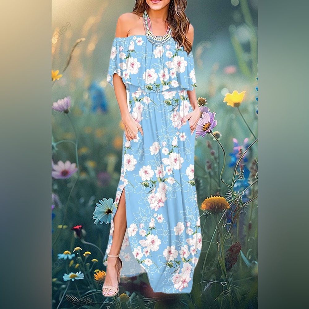 Floral Blue Off-Shouider Maxi Dress